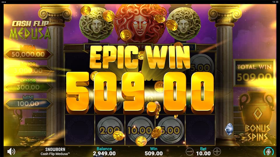 Epic Win screen in Cash Flip Medusa slot displaying a &euro;509 payout.