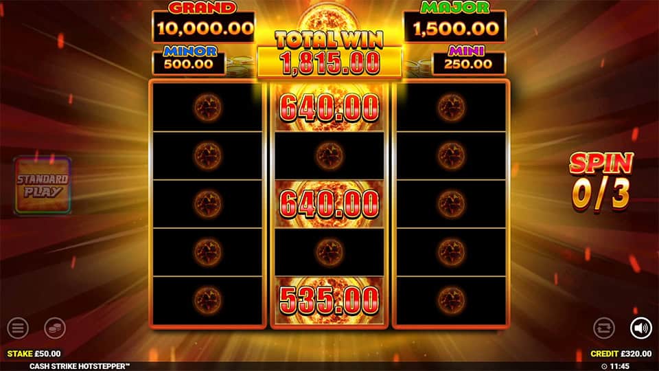 Total win screen in Cash Strike Hotstepper Megaways slot displaying a &euro;1,815 payout.