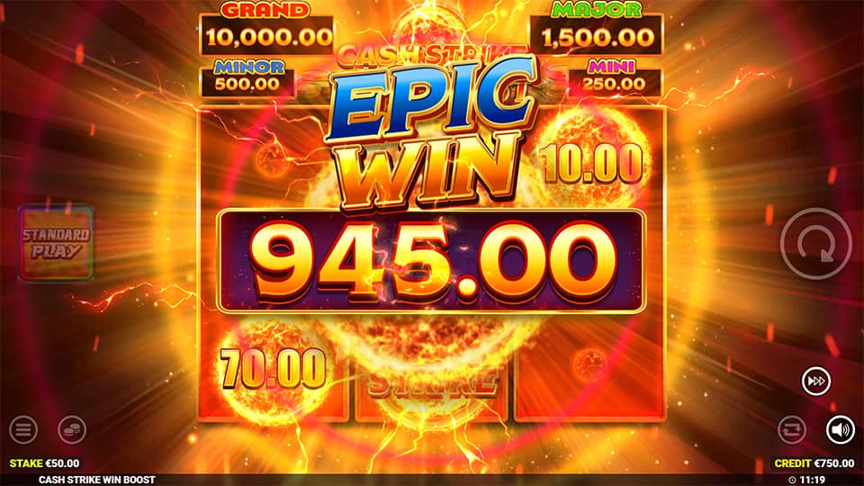 Epic win screen in Cash Strike Win Boost slot displaying a &euro;945 payout.