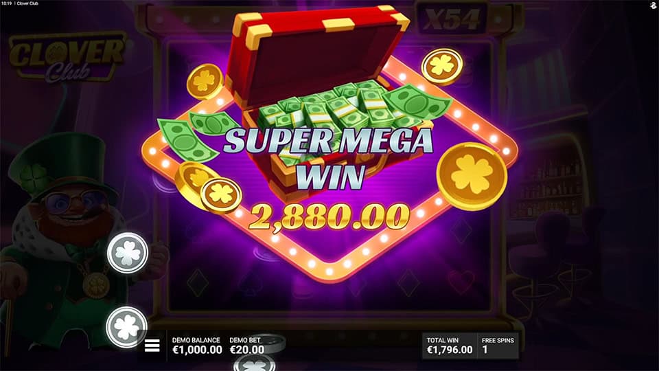 Super Mega Win screen in Clover Club slot displaying a &euro;2,880 payout.