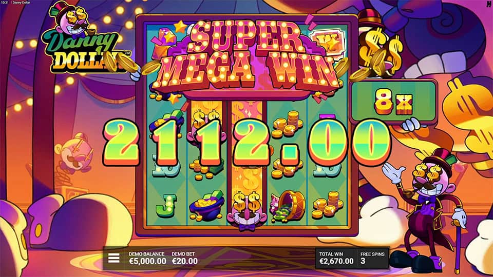 Danny Dollar win screen showing &ldquo;Super Mega Win&rdquo; and a &euro;2,112 prize with gold coin rain and 8x multiplier.