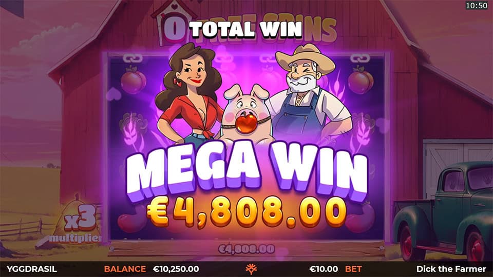 &ldquo;Mega Win&rdquo; screen with &euro;4,808.00 payout, showing the farmer, pig and woman characters celebrating in front of the barn reels.