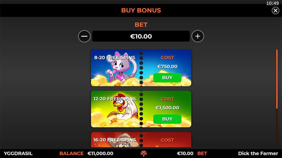Bonus buy menu with options to purchase 8&ndash;20, 12&ndash;20 or 16&ndash;20 free spins at different price points based on chosen bet.