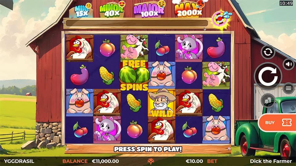 Gameplay screen on a red barn with animal and fruit symbols, &ldquo;Free Spins&rdquo; scatter, wild symbol and jackpot tiers on top.