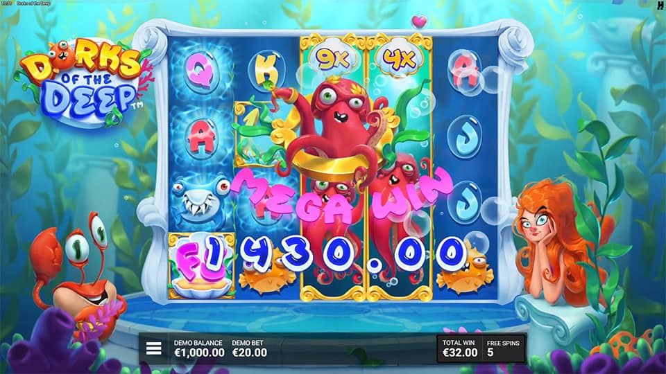 Mega Win screen in Dorks of the Deep slot displaying a &euro;1,430 payout.