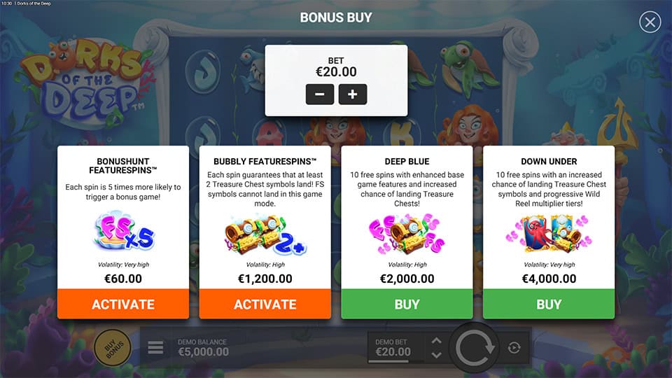 Buy Bonus feature in Dorks of the Deep slot offering Bonushunt Featurespins&trade; for 3x the bet, Bubbly Featurespins&trade; for 60x, Deep Blue Bonus for 100x and Down Under Bonus for 200x.