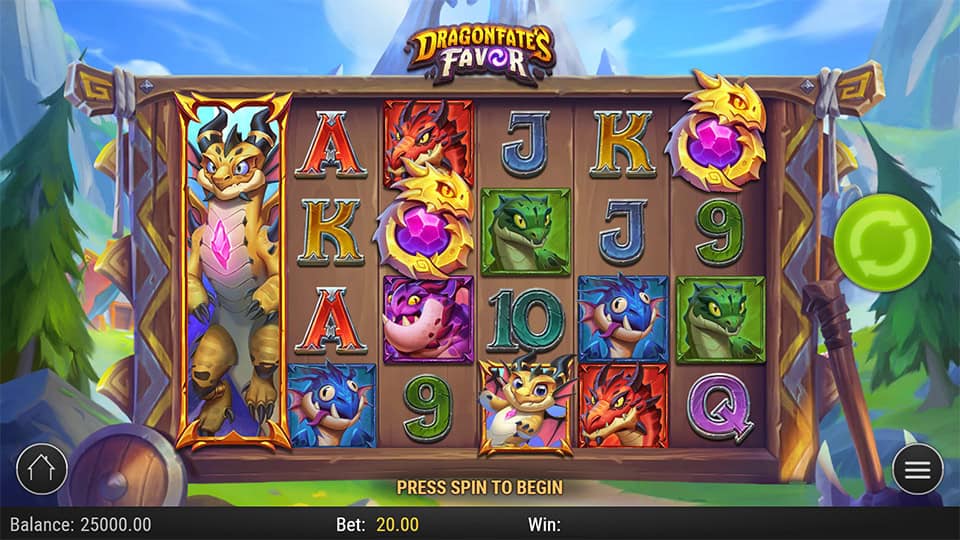 Base game screen of Dragonfate&rsquo;s Favor slot featuring colorful dragons, fantasy creatures and carved wooden reels.