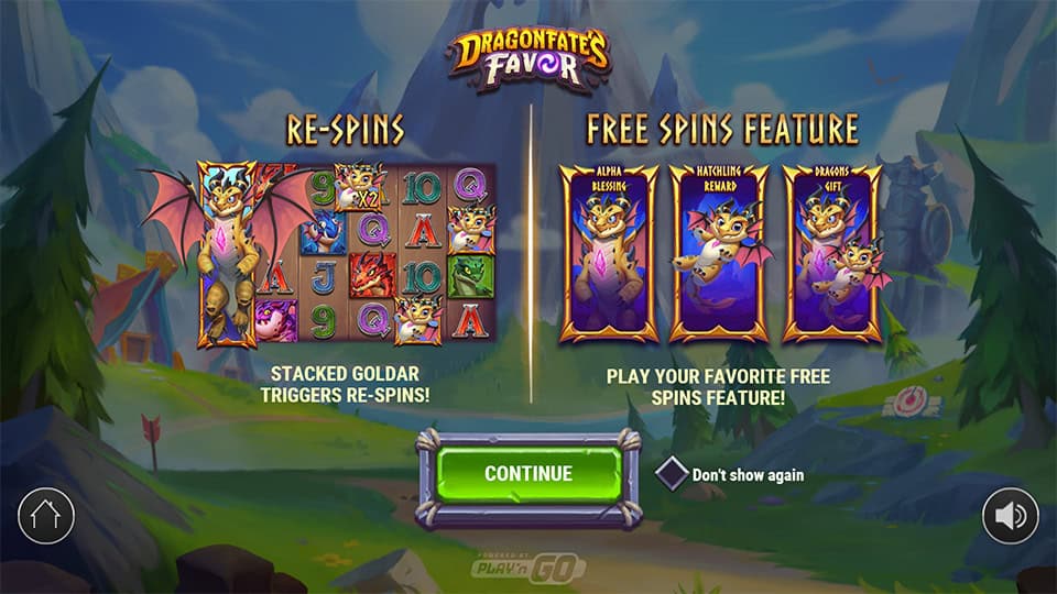 Introduction screen for Dragonfate&rsquo;s Favor showing the Re-Spins and three Free Spins modes: Alpha Blessing, Hatchling Reward and Dragon&rsquo;s Gift.