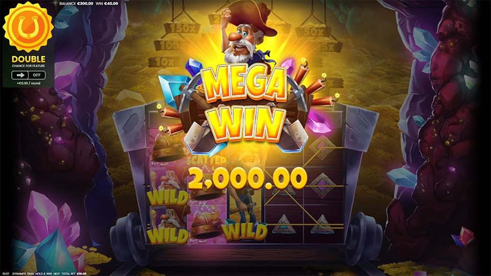 Mega Win screen in Dynamite Trail: Hold and Win slot displaying a &euro;2,000 payout.