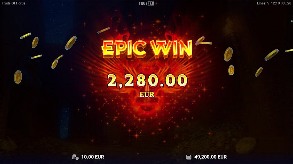 Epic Win screen in Fruits of Horus slot displaying a &euro;2,280 payout.