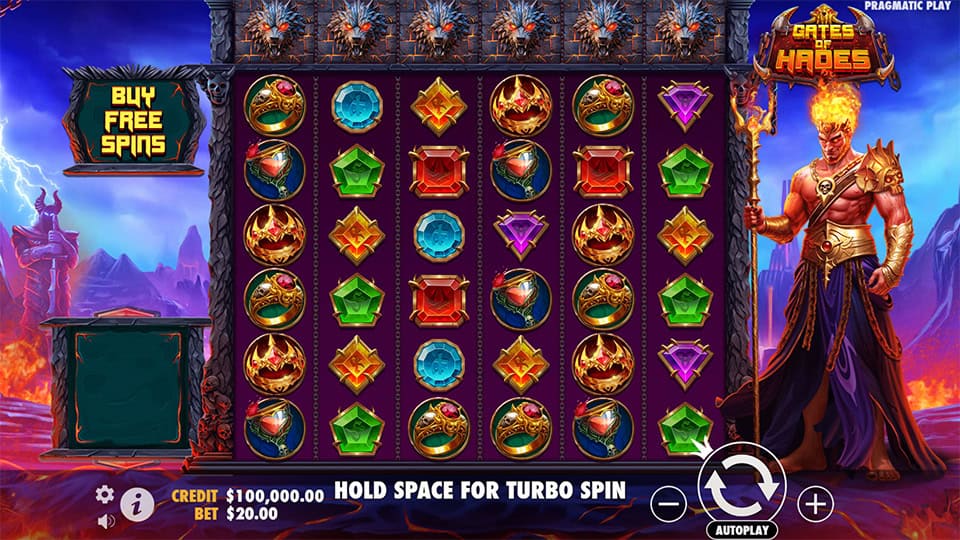 Base game screen of Gates of Hades with fiery symbols, Hades standing beside the reels and the bonus buy option visible on the left.