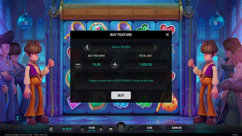Buy Feature popup for Disco Knight mode with &euro;1,500 total bet; dancers flank the reels in a disco hall.