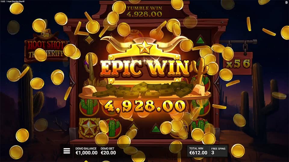 Epic Win message with gold coins flying around and &euro;4,928.00 payout during night-time bonus round.