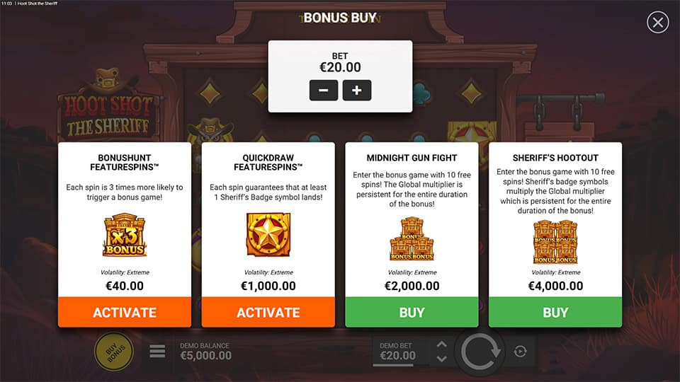 Bonus buy menu with 4 purchase options including Quickdraw and Sheriff&rsquo;s Hootout.
