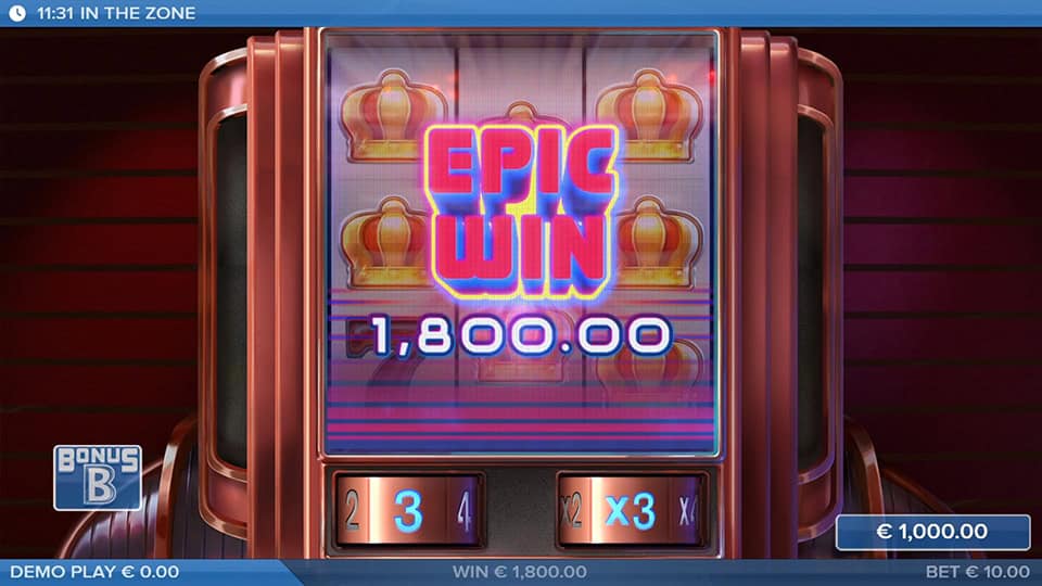 Epic Win screen in In the Zone slot displaying a &euro;1,800 payout with crown symbols.