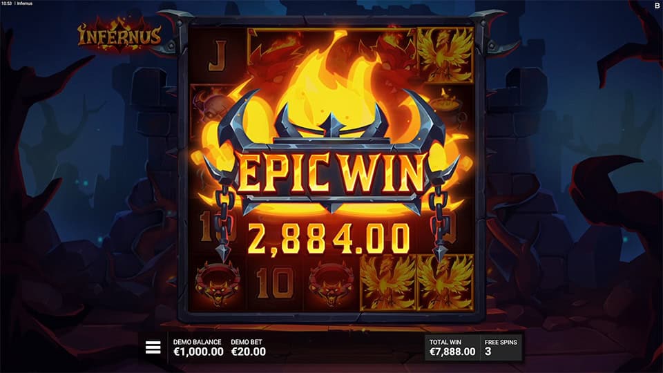 Epic Win screen in Infernus slot displaying a &euro;2,884 payout.