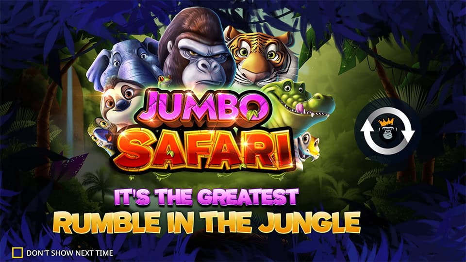 Intro screen for Jumbo Safari with jungle-themed graphics and the tagline "It&rsquo;s the Greatest Rumble in the Jungle" under animal portraits.