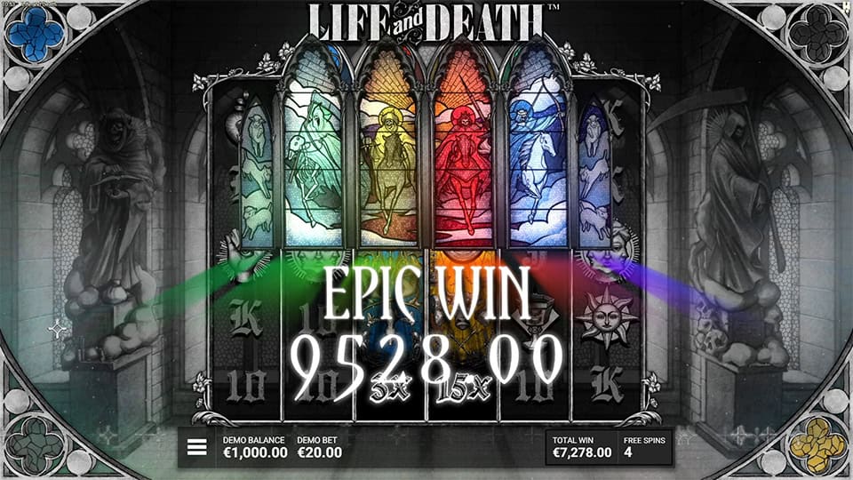 Epic Win screen in Life and Death slot displaying a &euro;9,528 payout.