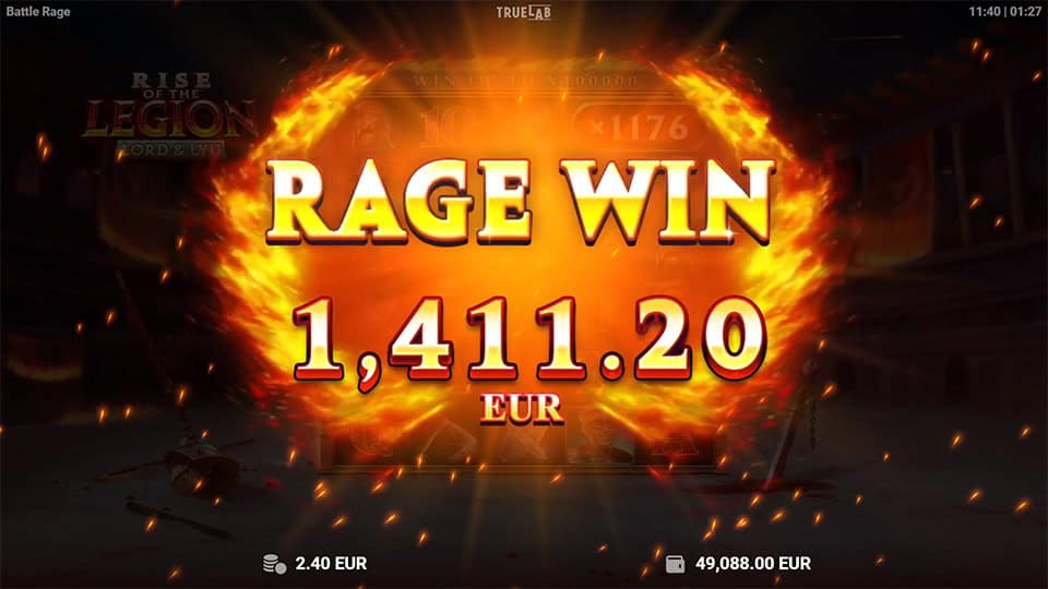Rage Win screen in Lord & Lyu: Rise of the Legion slot displaying a &euro;1,411.20 payout.