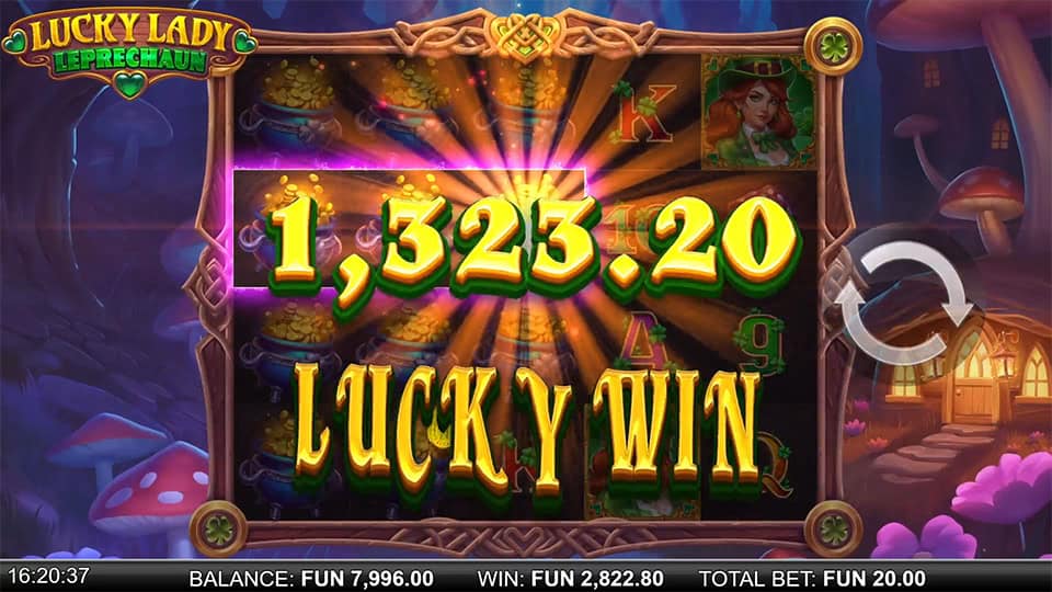&ldquo;Lucky Win&rdquo; splash with a 1,323.20 payout, golden light rays and background reels filled with pot-of-gold symbols.