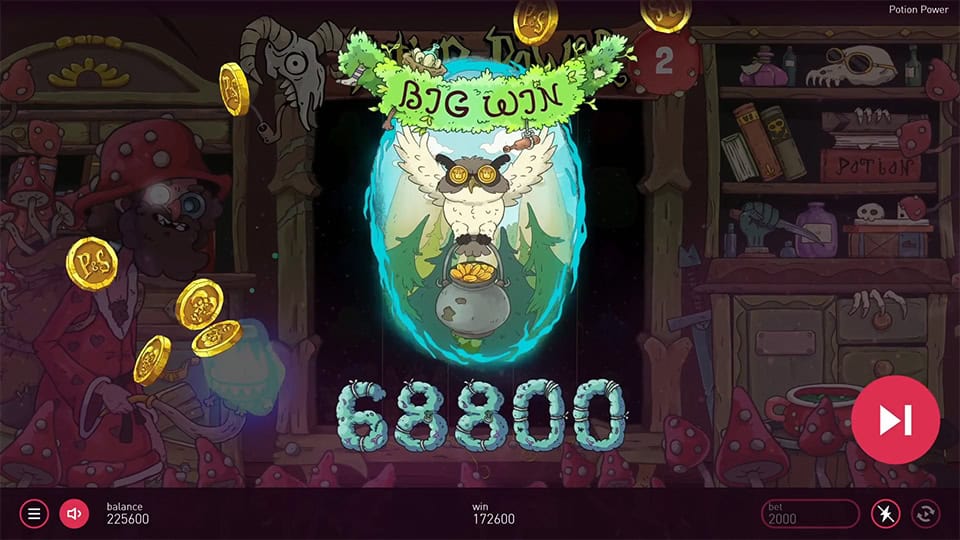 Big Win screen in Potion Power slot displaying a &euro;68,800 payout.