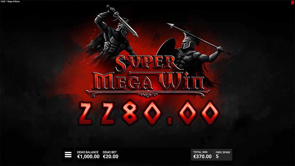 Reign of Rome Super Mega Win screen showing &euro;2,280 with two warriors and red background