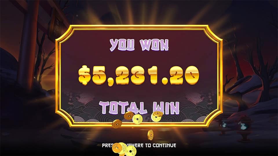 Total Win screen in Samurai Dogs: Unleashed slot displaying a &euro;5,231 payout.