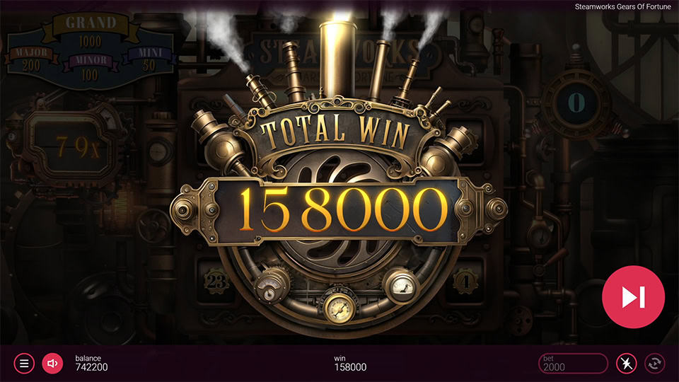 Total Win screen in Steamworks - Gears of Fortune slot displaying a &euro;158,000 payout.