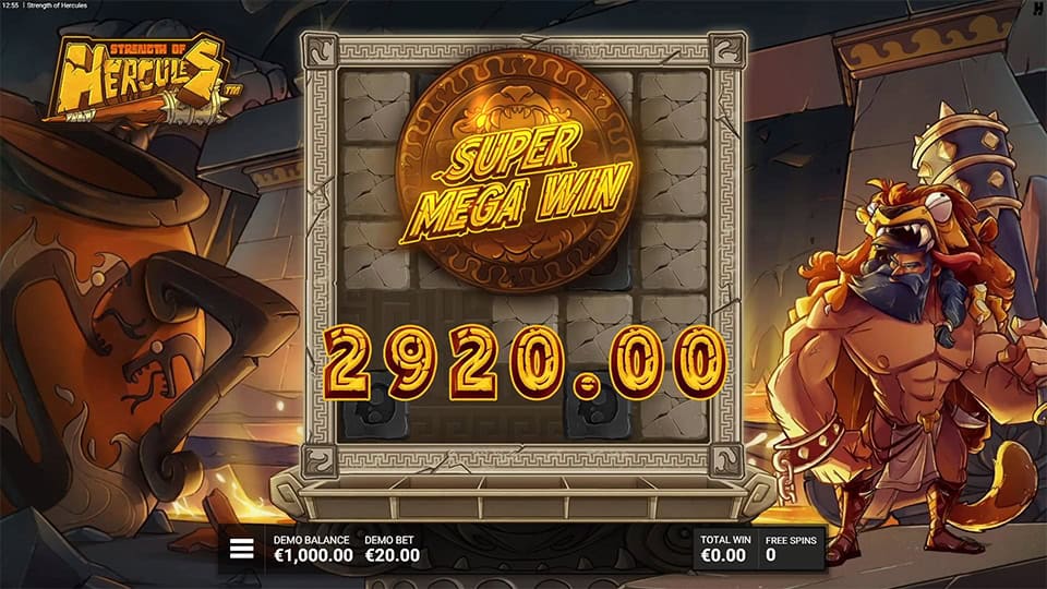 Super Mega Win screen in Strength of Hercules slot displaying a &euro;2,920 payout.