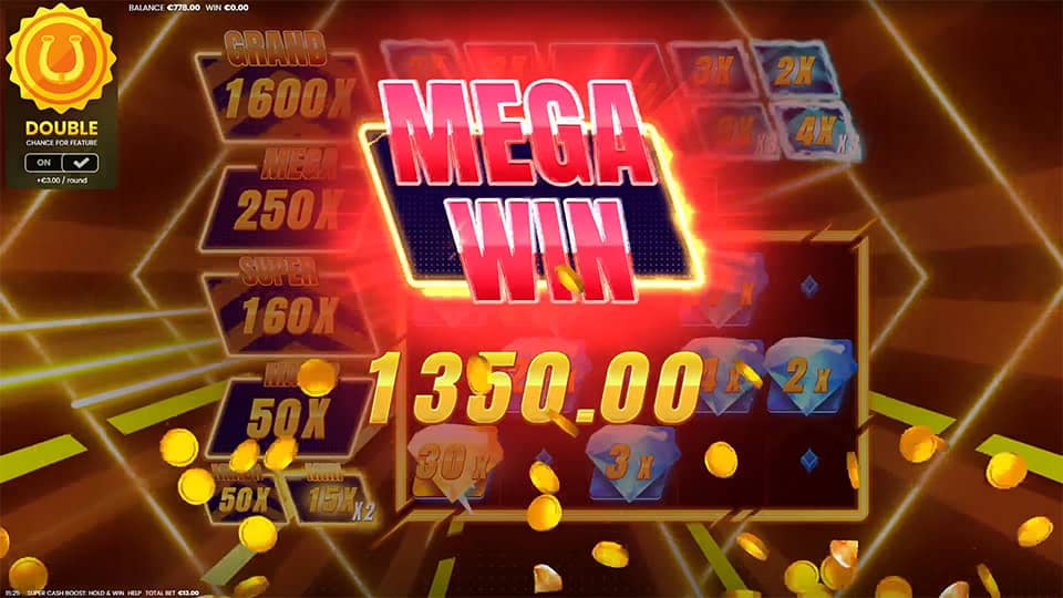 Mega Win screen in Super Cash Boost: Hold and Win slot displaying a &euro;1,350 payout.
