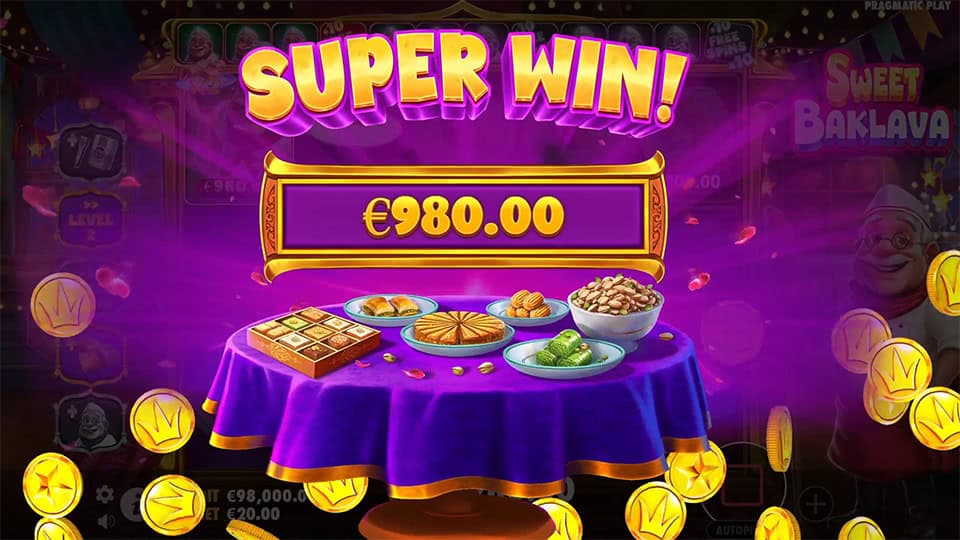 Super Win screen in Sweet Baklava slot displaying a &euro;980 payout.