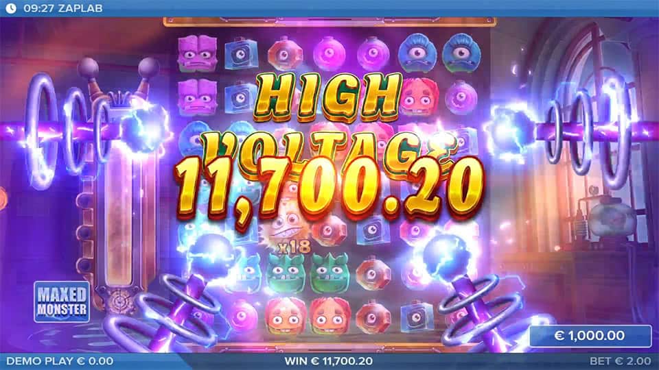 ZapLab slot big win screen with yellow monster and &euro;11,700.20 payout