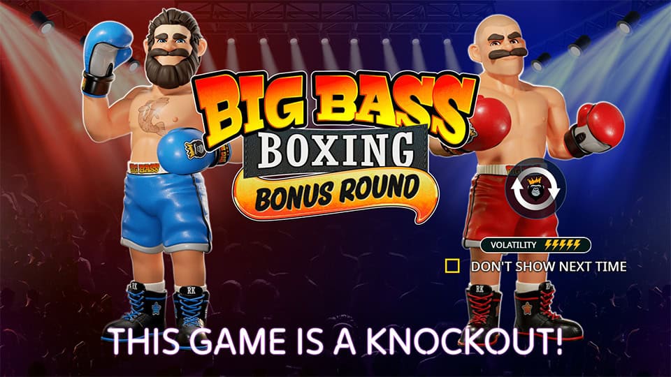 Intro screen with boxing characters and a tagline "This game is a knockout!" highlighting the slot&rsquo;s high volatility.