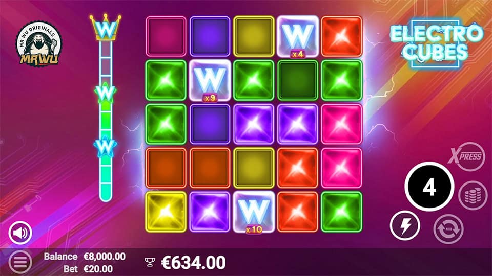 Gameplay screen showing Electro Cubes&rsquo; wild multipliers stacked on glowing cubes with x9 and x10 boost effects.