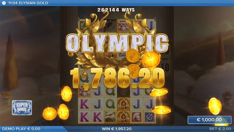 Olympic Win screen showing &euro;1,786.20 payout with falling gold coins.
