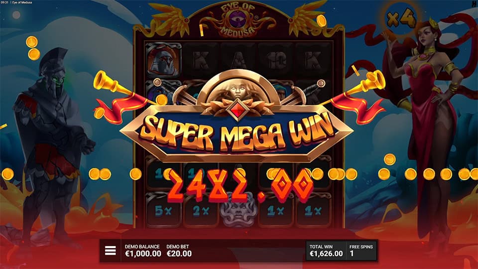 &euro;2,482.00 Super Mega Win message with golden coins flying and red background behind spinning reels.