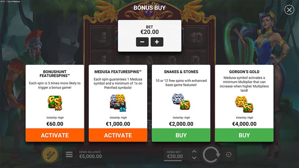 Bonus Buy menu showing four options like Bonushunt and Gorgon&rsquo;s Gold