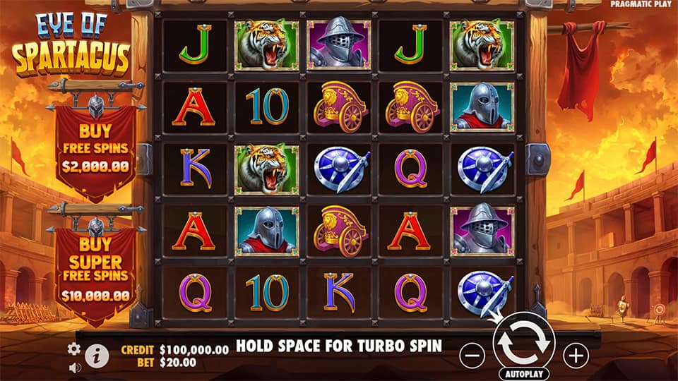 Base game screen showing reels with gladiator helmets, tigers and chariots inside a coliseum arena.
