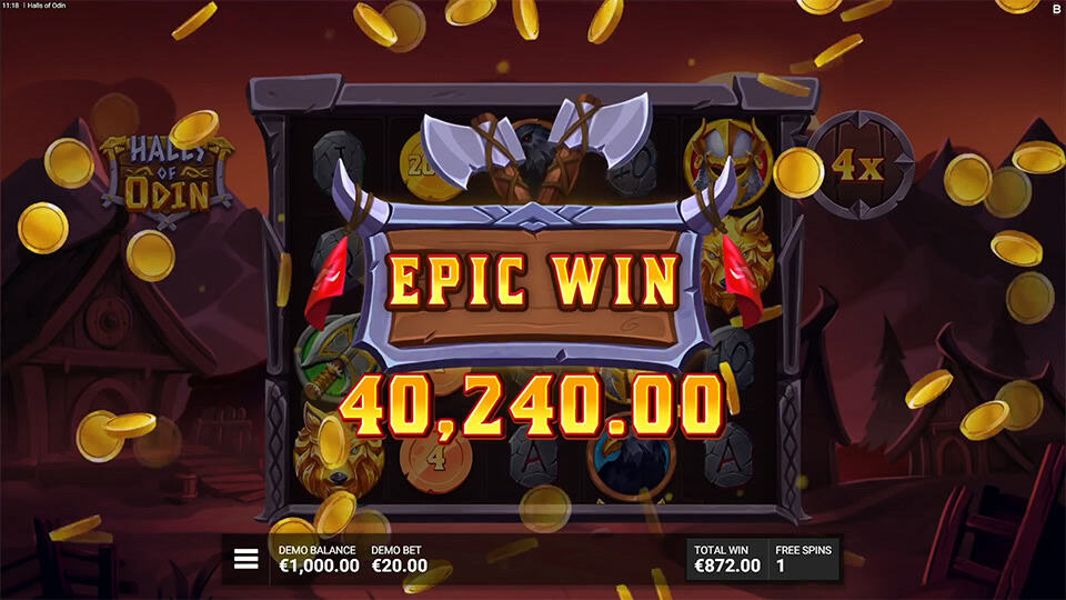 &ldquo;Epic Win&rdquo; banner with golden coins flying across the reels, framed by Nordic weapons and symbols.