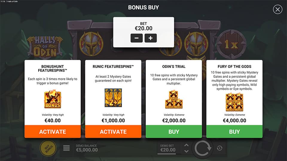 Bonus buy menu offering multiple feature buy choices, including guaranteed Mystery Gates, Odin&rsquo;s Trial free spins and Fury of the Gods mode.
