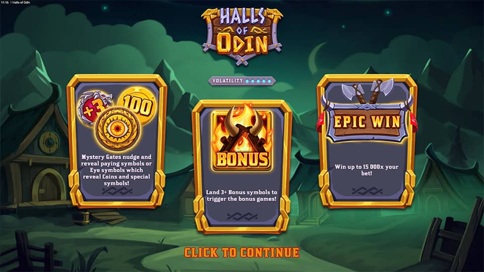 Intro screen highlighting Halls of Odin&rsquo;s main features: Mystery Gates, bonus game triggers and maximum win potential.