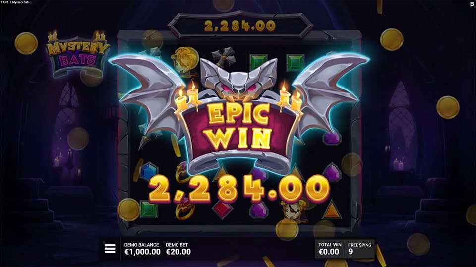 Bat with spread wings holding an &ldquo;Epic Win&rdquo; banner, coins flying across the screen in a dark gothic setting.