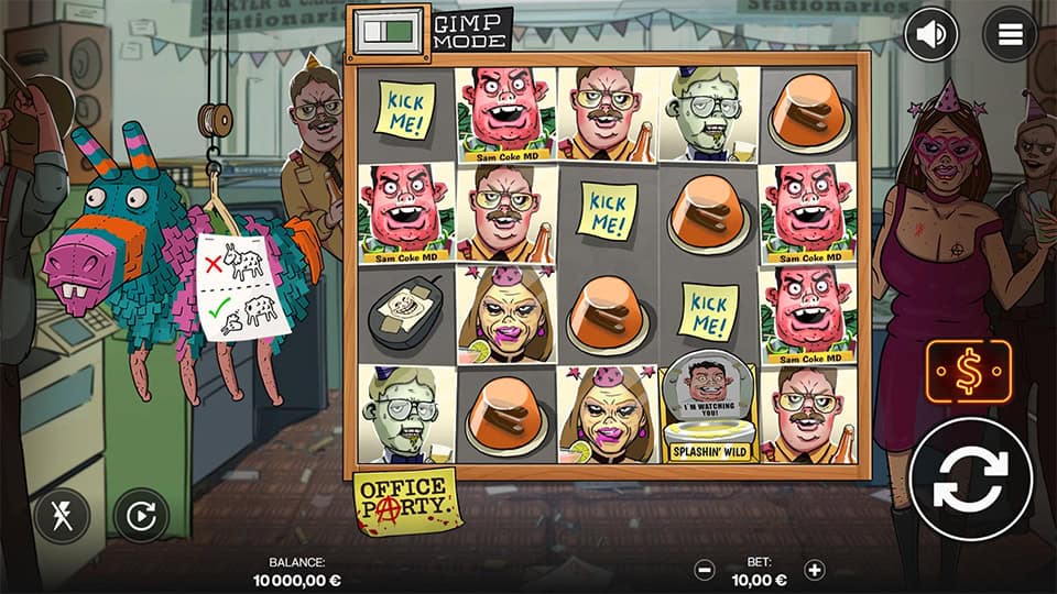 Base game screen of Office Party with eccentric cartoon characters, office supplies as symbols and a pi&ntilde;ata hanging on the left.