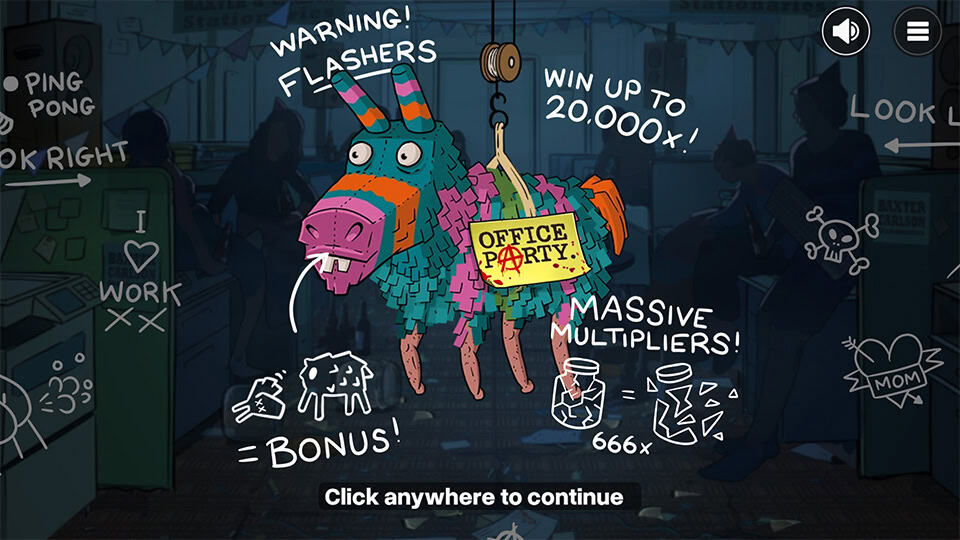 Intro screen of Office Party with a pi&ntilde;ata in the center labeled with feature explanations like &lsquo;Bonus,&rsquo; &lsquo;Massive Multipliers,&rsquo; and &lsquo;20,000x Win.&rsquo;
