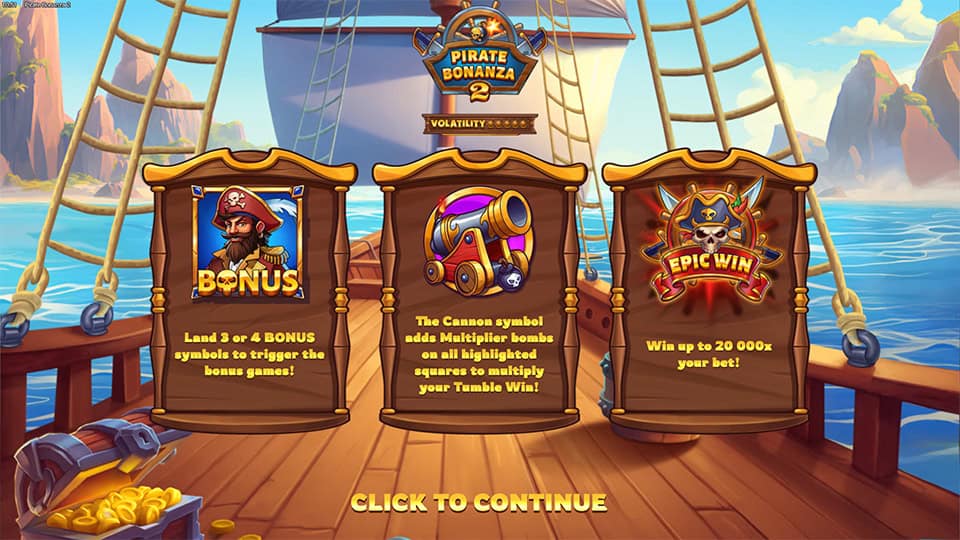 Intro screen highlighting bonus symbols, cannon multipliers and a max win potential of 20,000x.