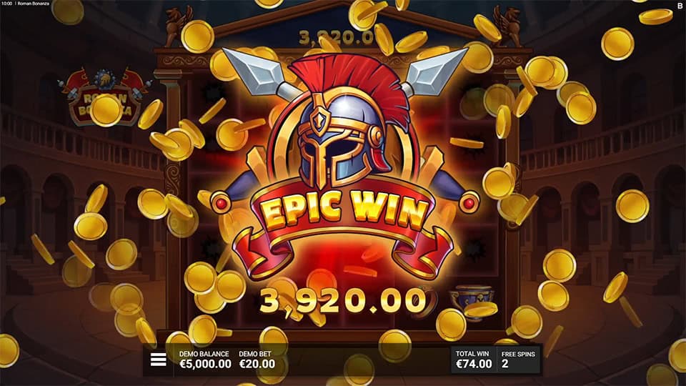 Roman Bonanza slot showing &ldquo;EPIC WIN&rdquo; text with golden coins and a gladiator helmet, displaying a win of &euro;3,920.
