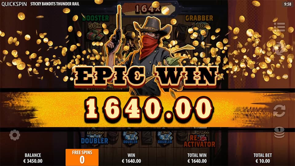Epic Win animation in Sticky Bandits Thunder Rail slot with gold coins and a masked cowboy displaying a &euro;1,640 win.