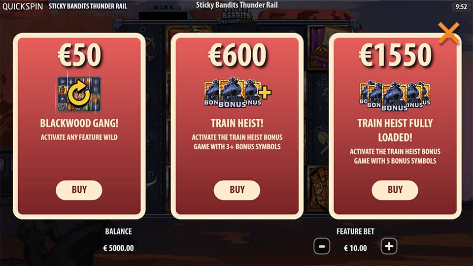 Sticky Bandits Thunder Rail bonus buy menu with three options including Blackwood Gang, Train Heist and Fully Loaded Train Heist up to &euro;1,550.