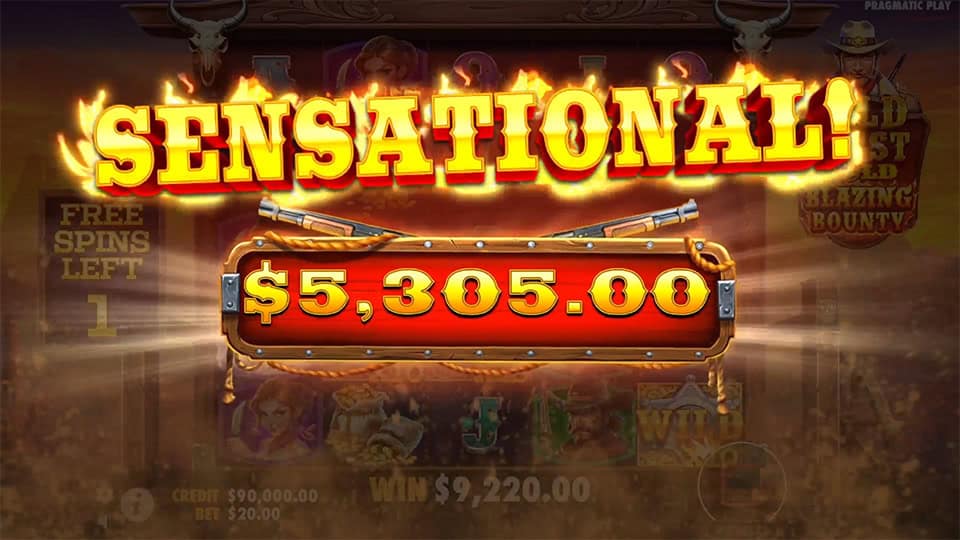Win screen displaying &ldquo;SENSATIONAL!&rdquo; with a $5,305 reward in blazing style.