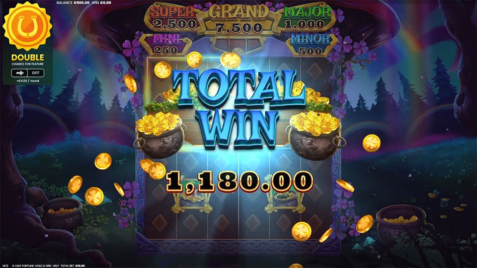 &ldquo;Total Win&rdquo; message with 1,180.00 payout, flying gold coins and jackpot cauldrons shining on a dark enchanted background.